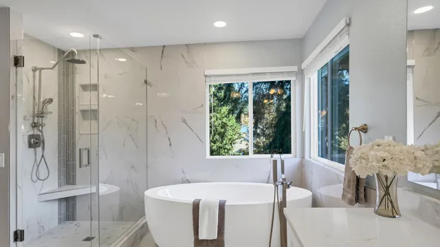 Shower in a former tub alcove in Chula Vista, CA